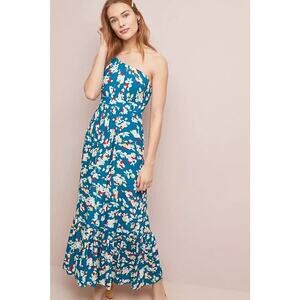 Anthropologie Blue Floral One-Shoulder Dress
